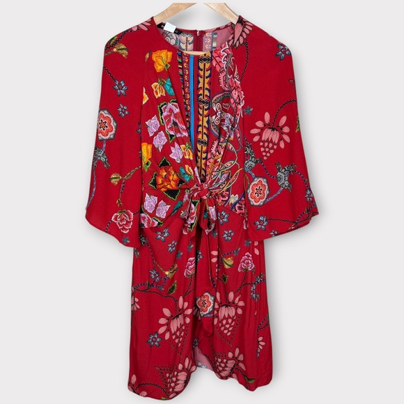 Desigual Red Floral Print Tie Front Dress Knee Length Long Sleeve Size 42 US 8 M - Picture 13 of 15